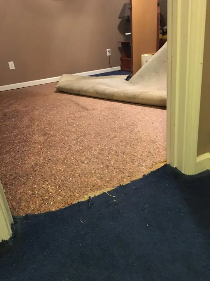 Carpet pad removal revealing water damage during Water Mitigation Services in Thomaston